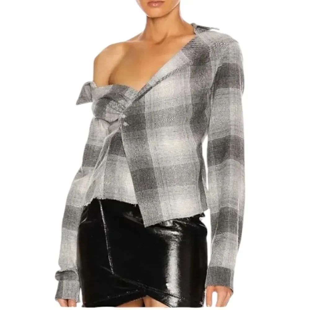 RTA Lizbeth plaid top longsleeve wool blend asymmetric grey wrap off shoulder XS